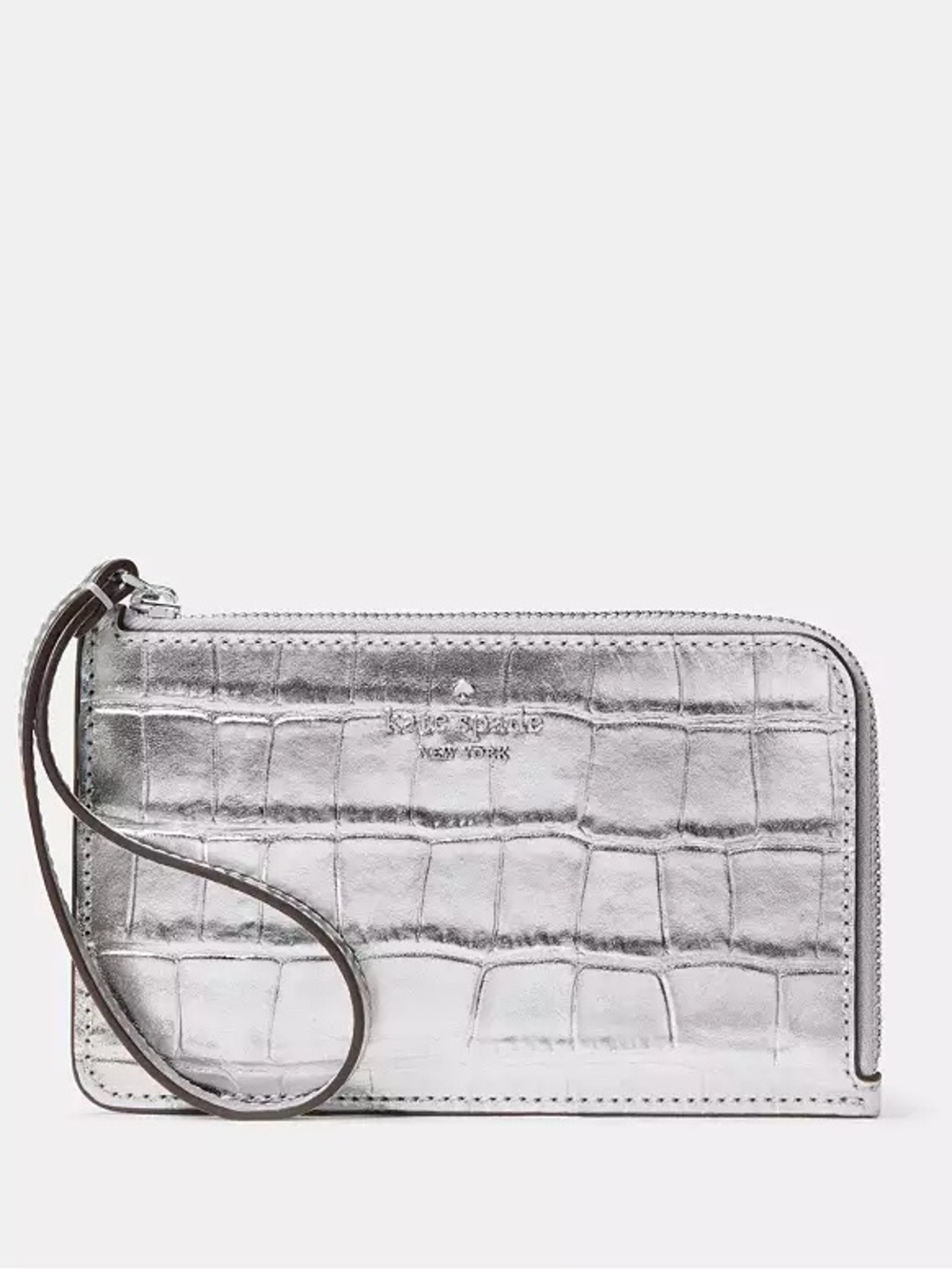 Kate Spade Lucy Silver Metallic Croc-embossed Corner Zip L Zip Wristlet